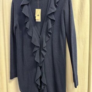 PLY 100% Cashmere scalloped shawl collar duster cardigan sweater. Navy cashmere.